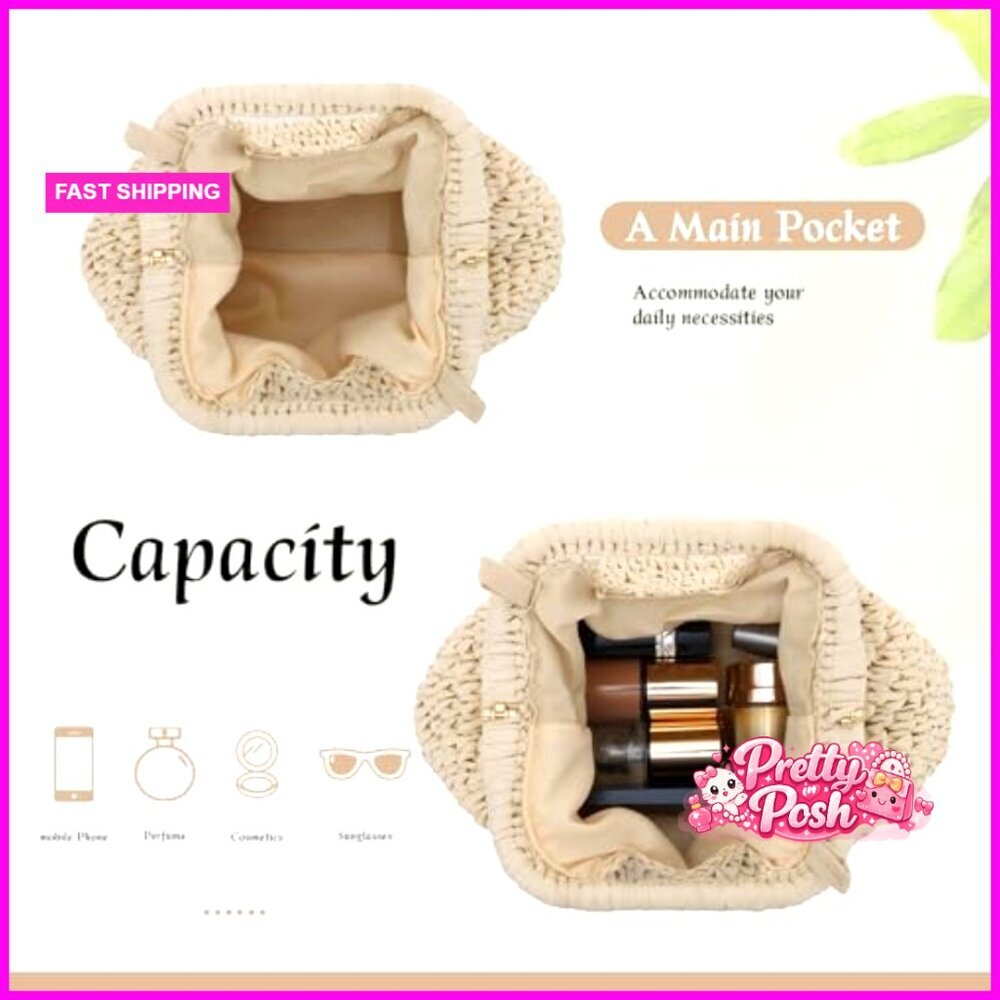 Paper Rope Straw Dumpling Clutch Purse with Detachable Crossbody Chain Strap - Picture 5 of 7